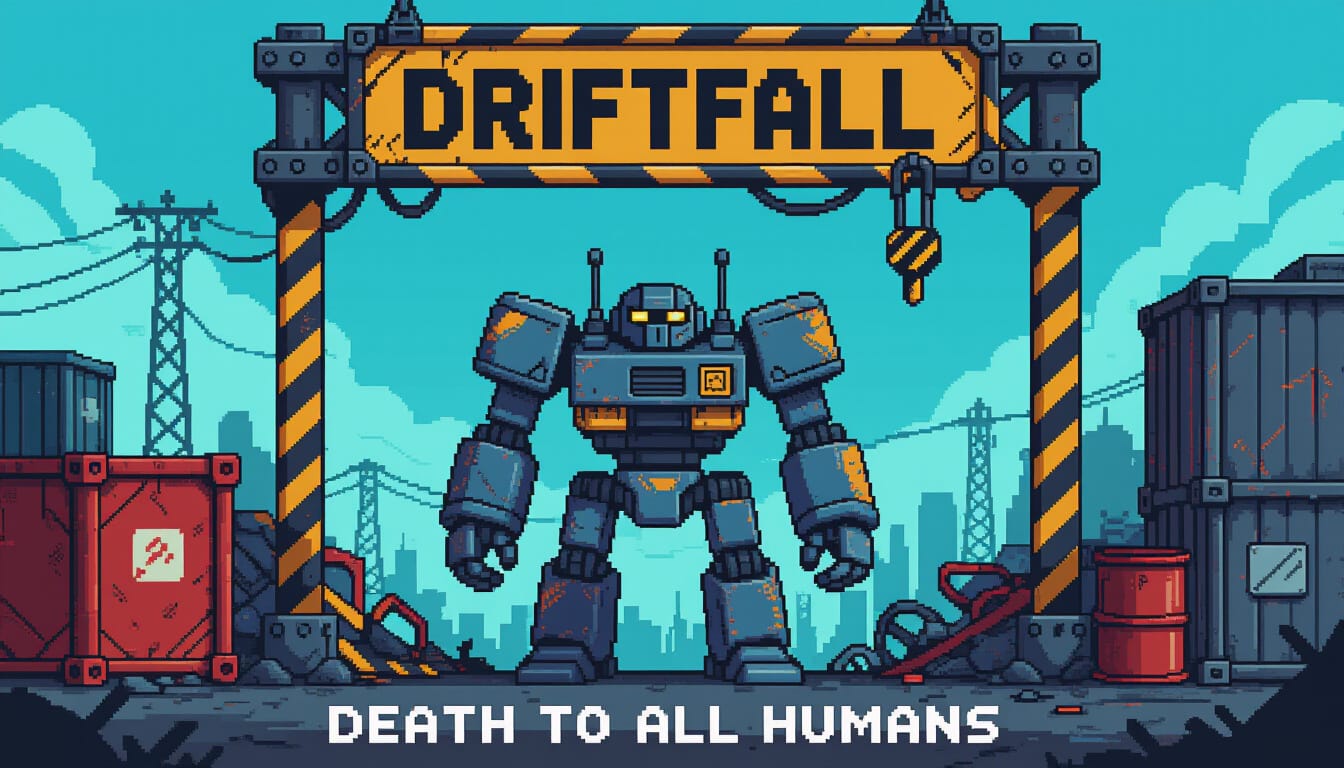 DRIFTFALL — Roboter-Koloss vor Industrie-Kulisse