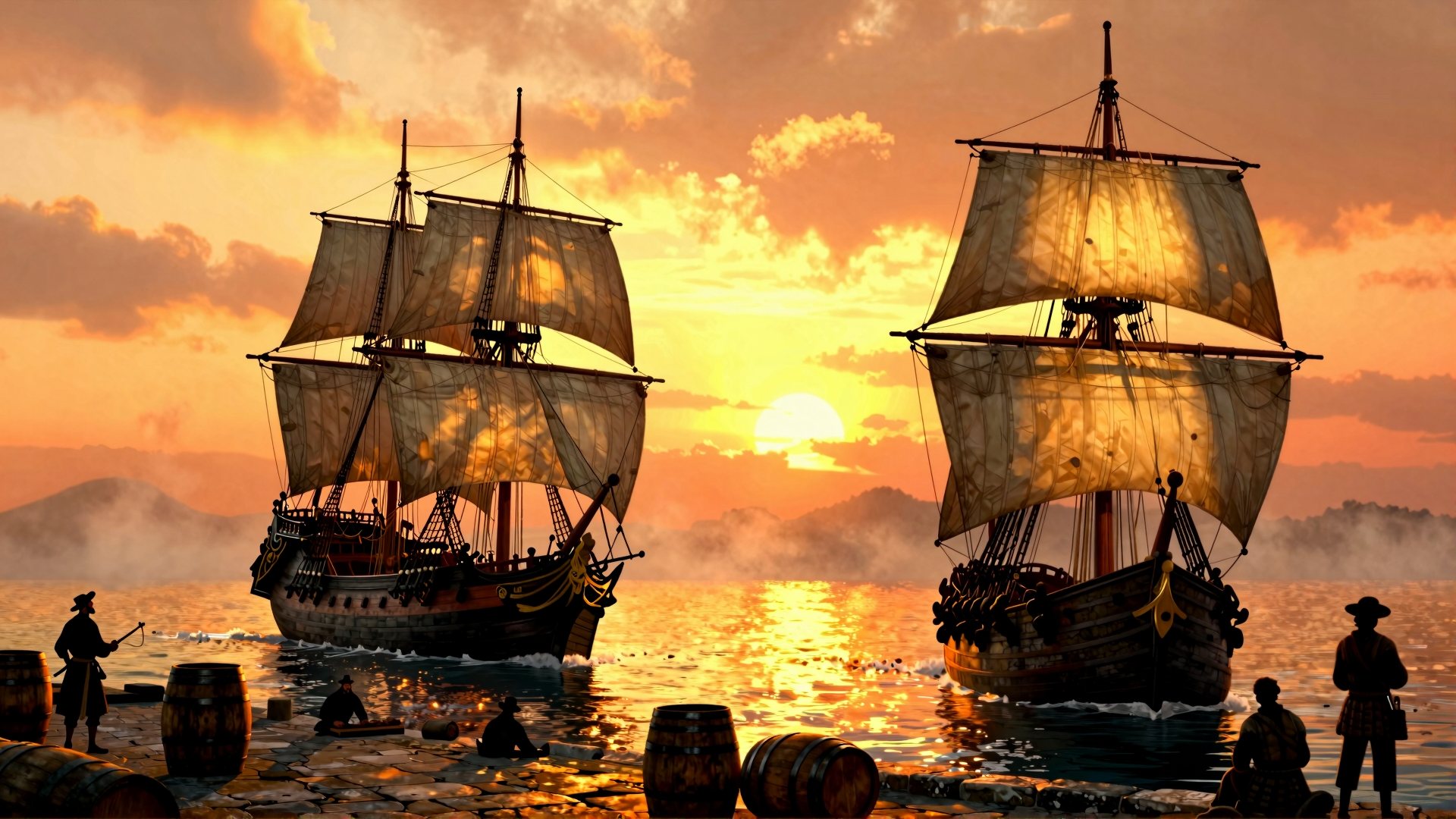 HARBOUR — Segelschiffe im Sonnenuntergang